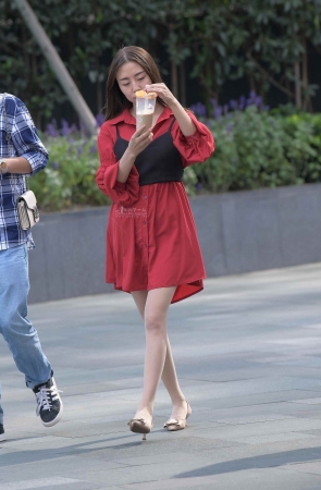 9925-10+44-肉 丝红裙女子