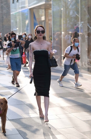 街拍养狗狗的时尚抹胸裙美女