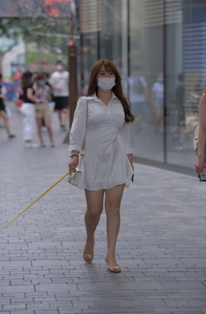 性感白裙遛狗美女